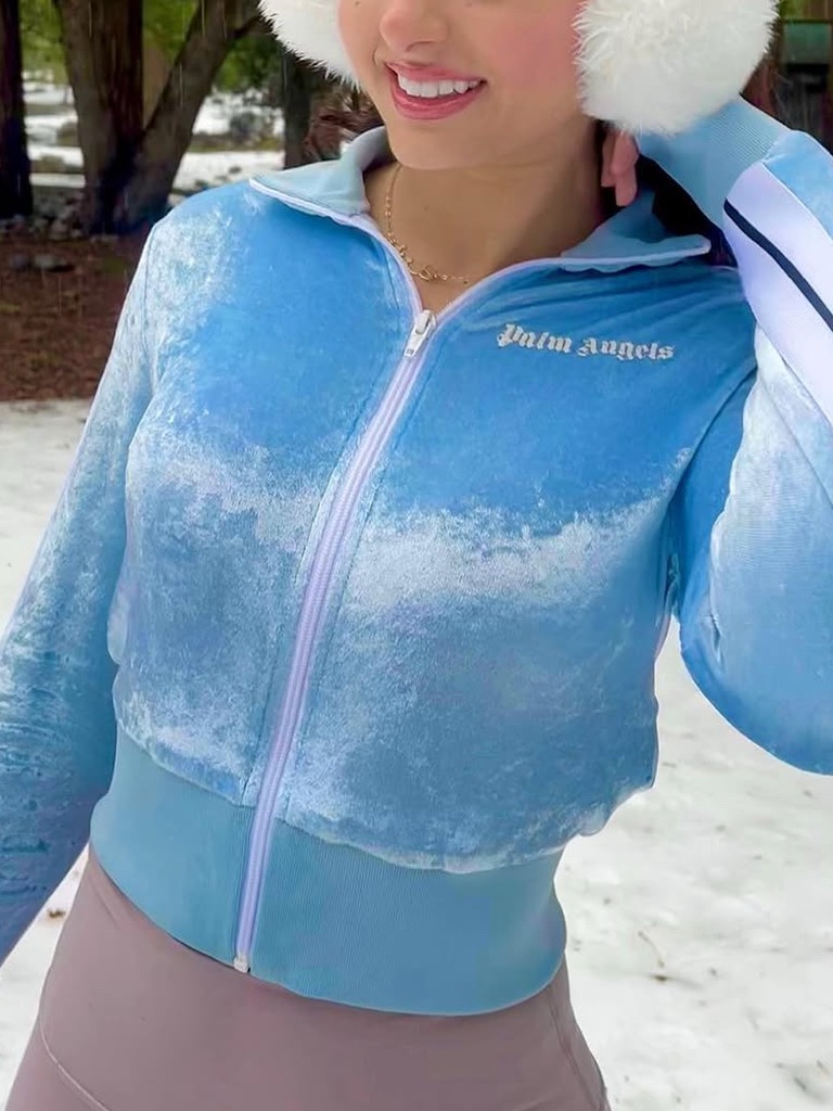 Palm Angels Powder Blue Velvet Cropped Zip Jacket